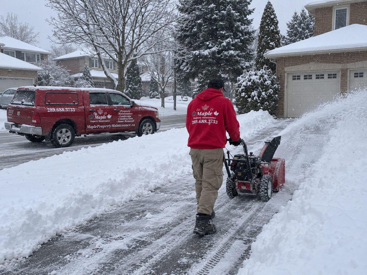 Crew member clearing a snowy residential driveway with a two-stage snow blower while snow falls, a Maple truck parked on the street