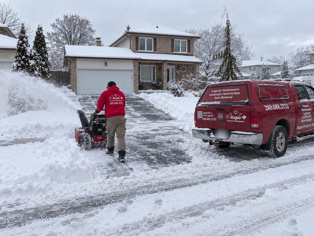 Crew member clearing a driveway with a two-stage snow blower beside a Maple Property Maintenance truck