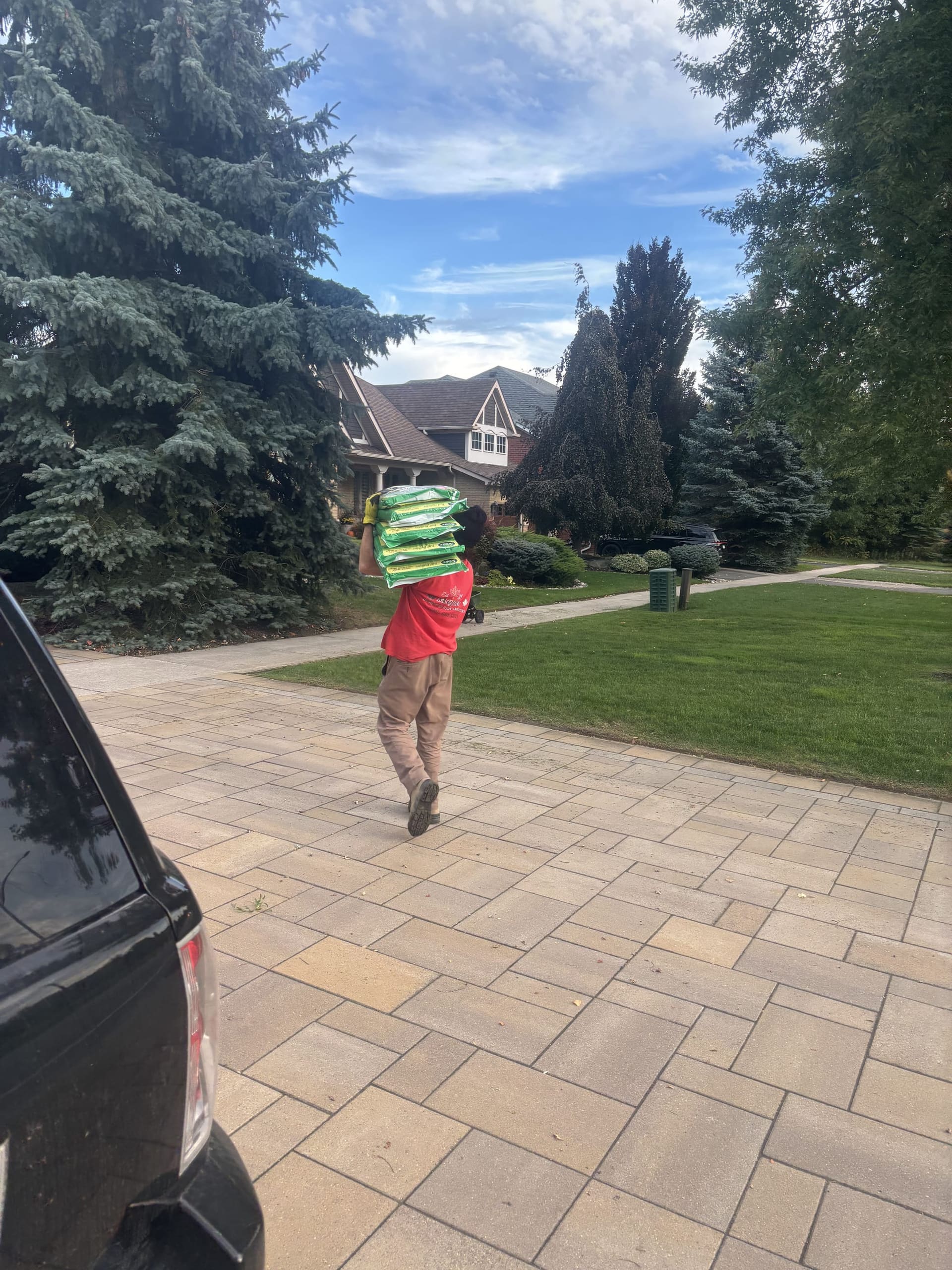 Crew member carrying a stack of bagged landscaping material across an interlock driveway toward a front garden