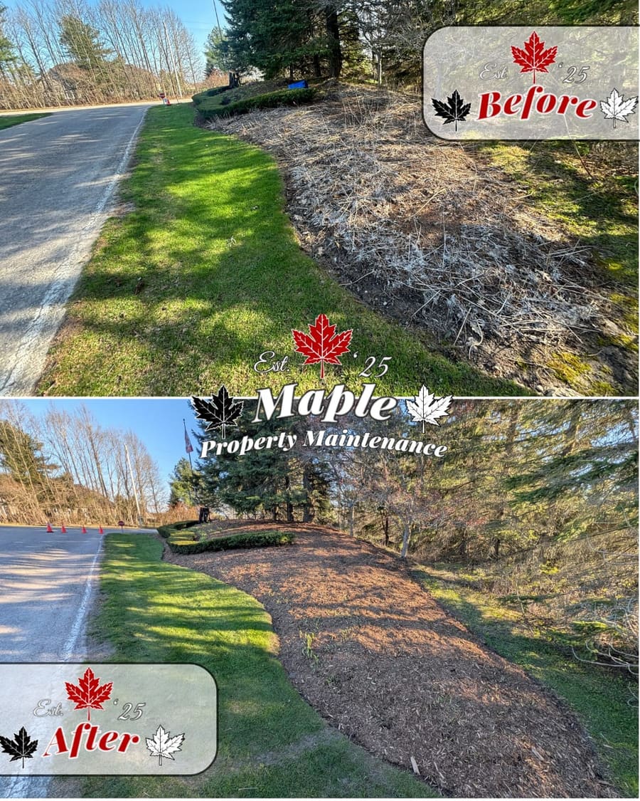 Roadside island bed mulch install