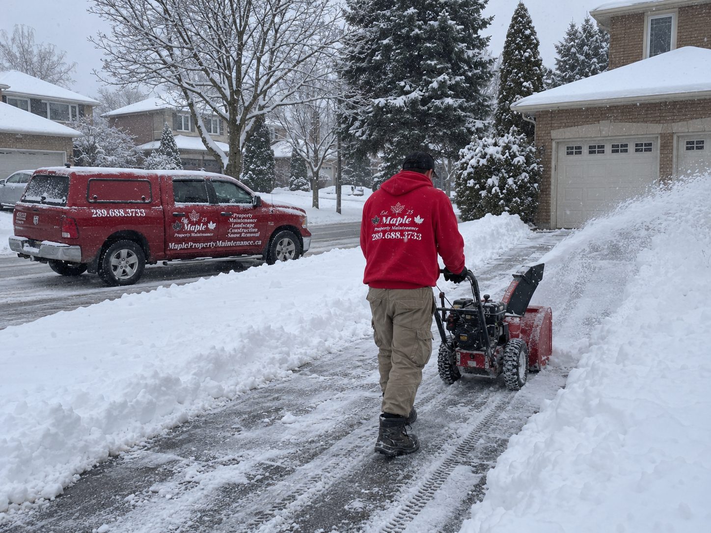 Crew member clearing a snowy driveway with a snow blower while snow falls